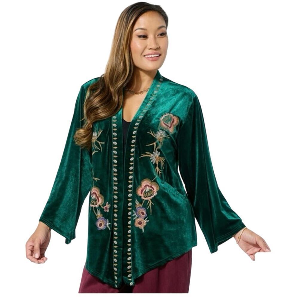Green Velvet Floral Embroidered Whimsigoth Boho Open Front Kimono Top 2X New